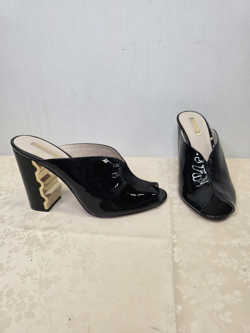 Louise et Cie Korella Black Patent Leather Open Toe Mules Gold Architectural Hee